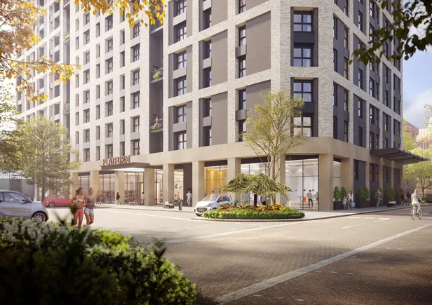 External CGI of apartment building showing entrance