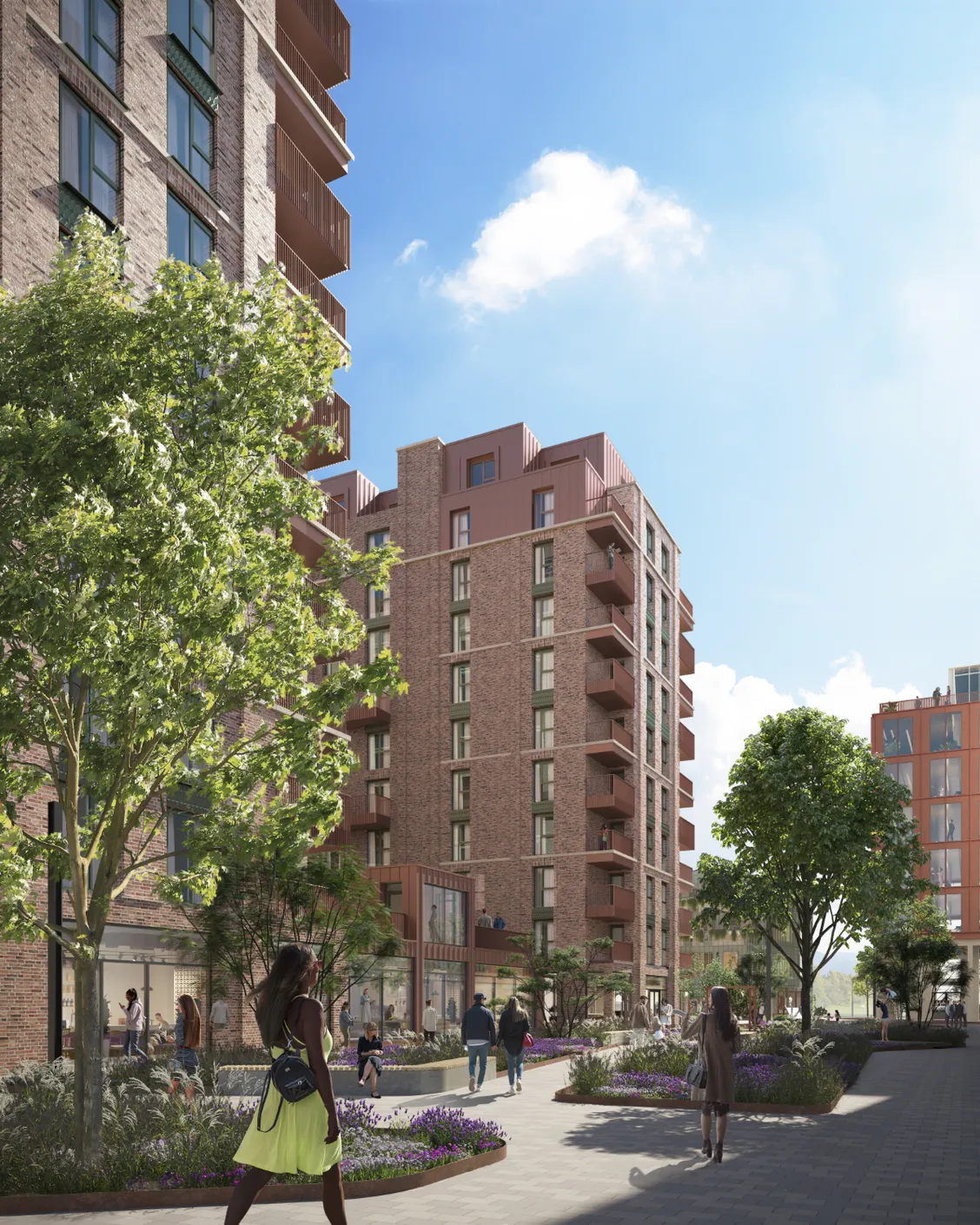 CGI of courtyard area, showing apartment buildings in the background